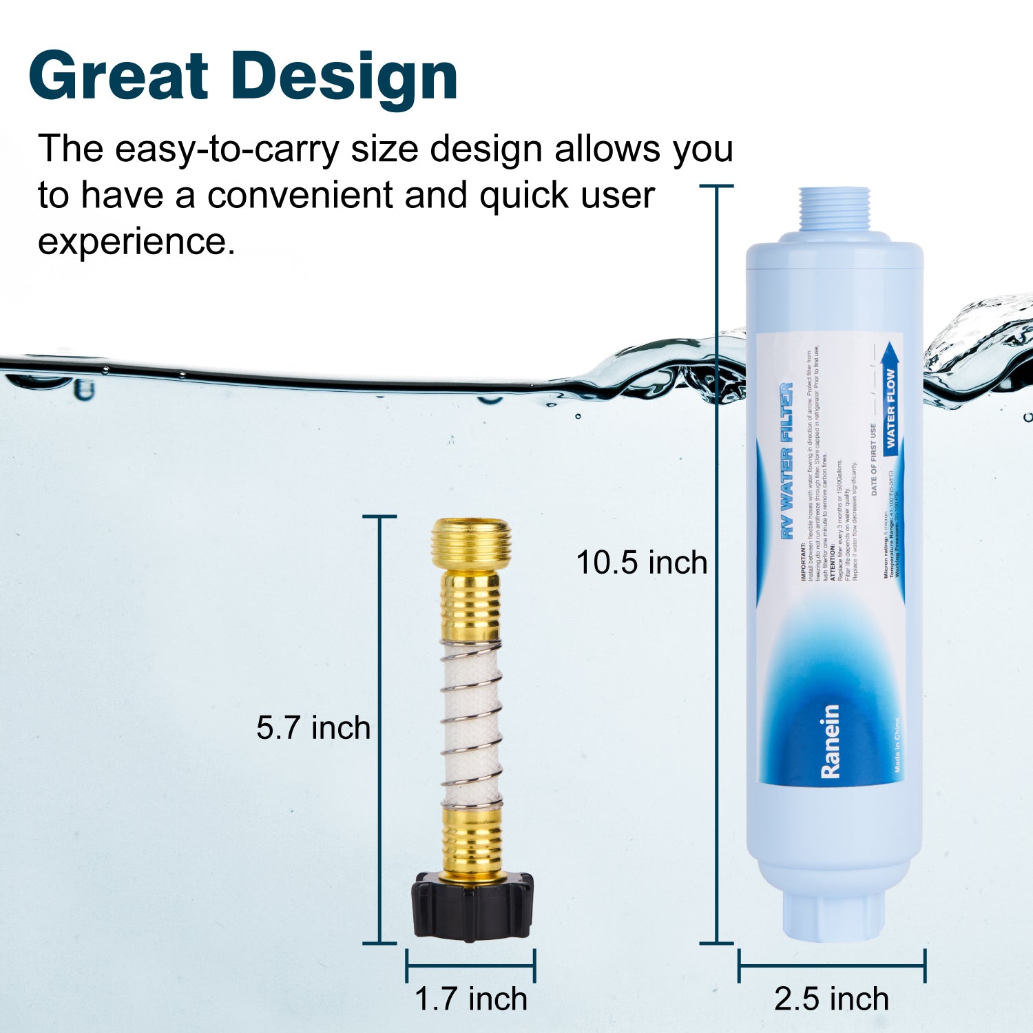 RANEIN RV Water Filter with Hose Protector, Inline Water Filter Reduces Bad Taste, Chlorine, Odor and Sediment, for RVs, Campers, Travel Trailers, Boats