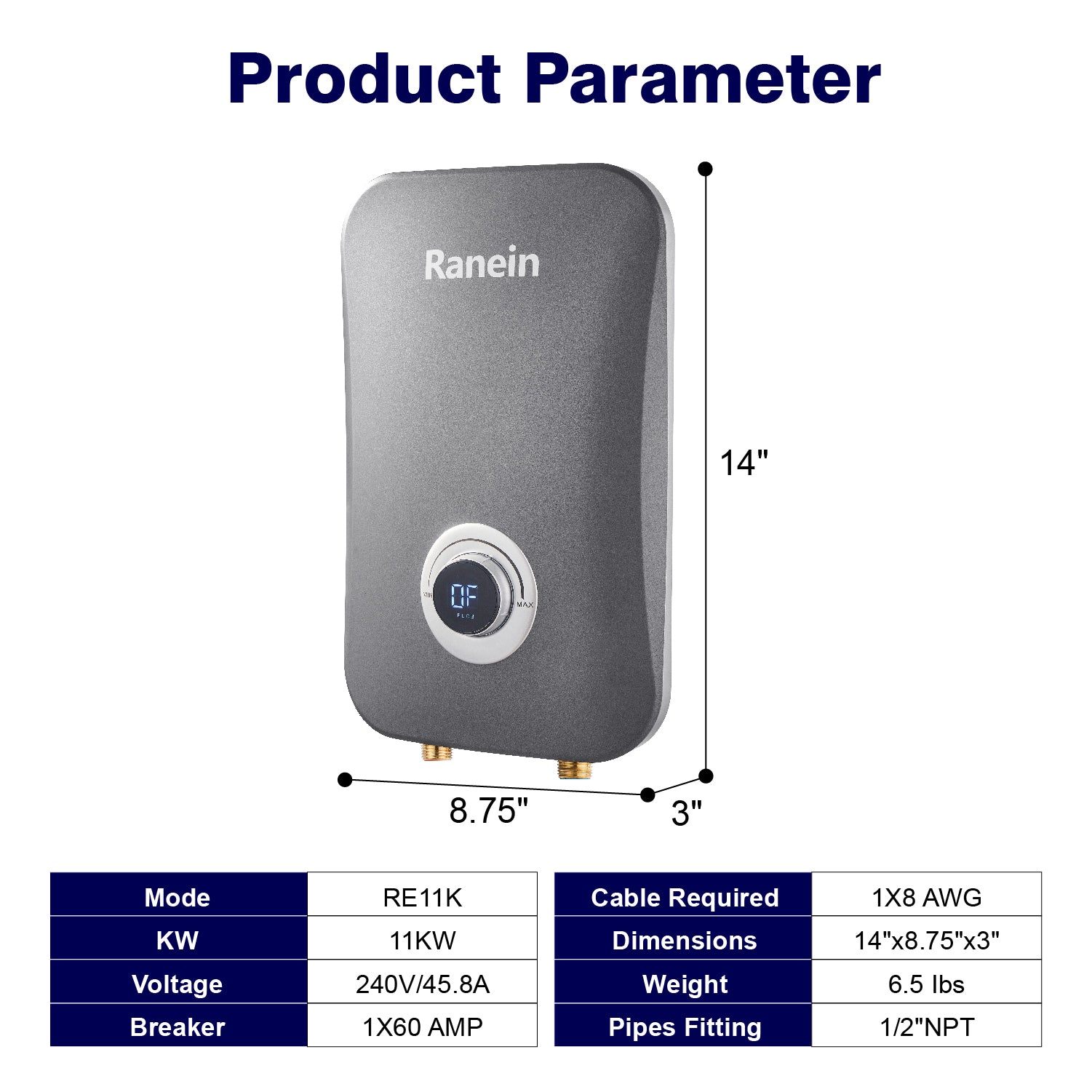 Ranein Electric Tankless Water Heater, 11Kw 240v,Instant Hot Water Heater with LED Temperature Display, Energy Saving, Save Space