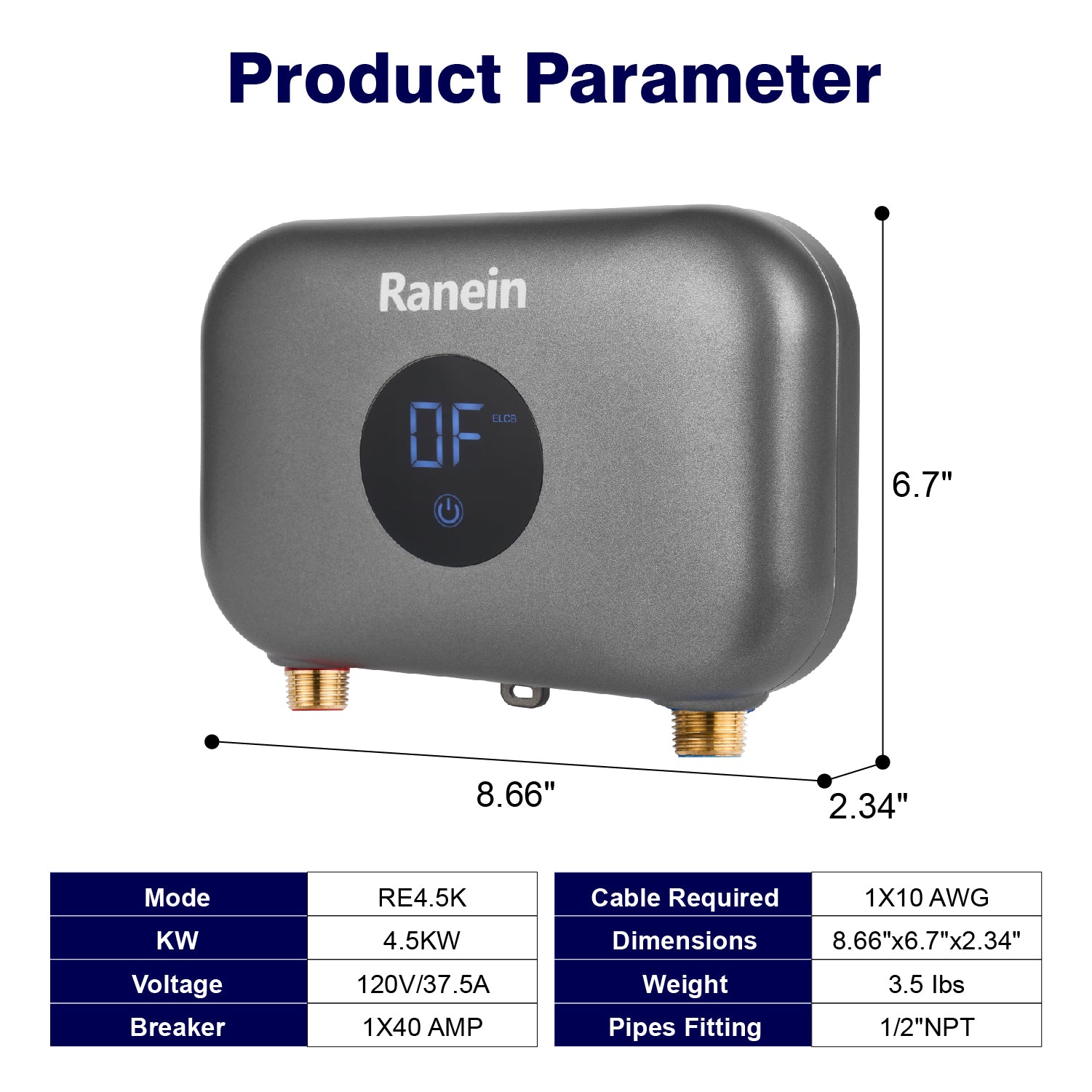 Ranein Electric Tankless Water Heater 4.5 kW 120V, Point-of-Use Digital Display, Electric Instant Hot Water Heater with Self-modulating, Overheating Protection
