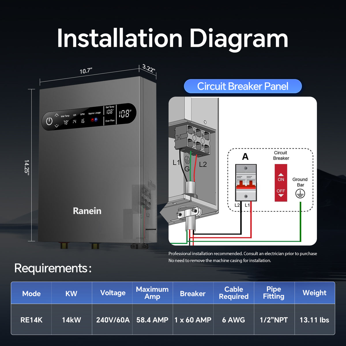 14kW Tankless Electric Water Heater 240V with LED Temperature Display