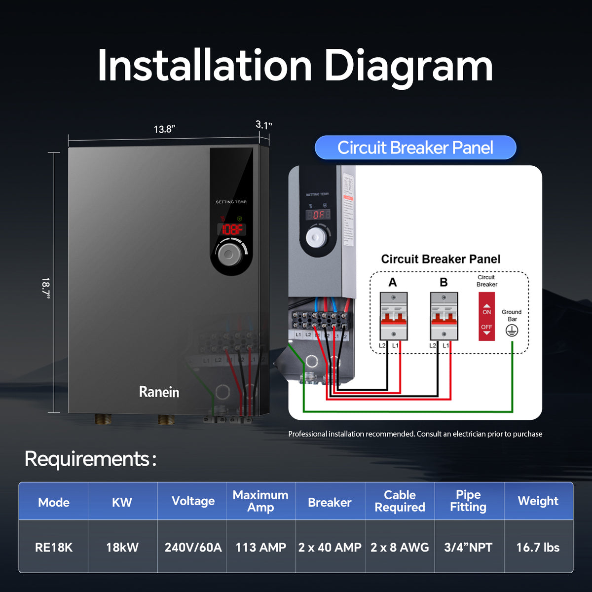 Electric Tankless Water Heater 18kW 27Kw 240V