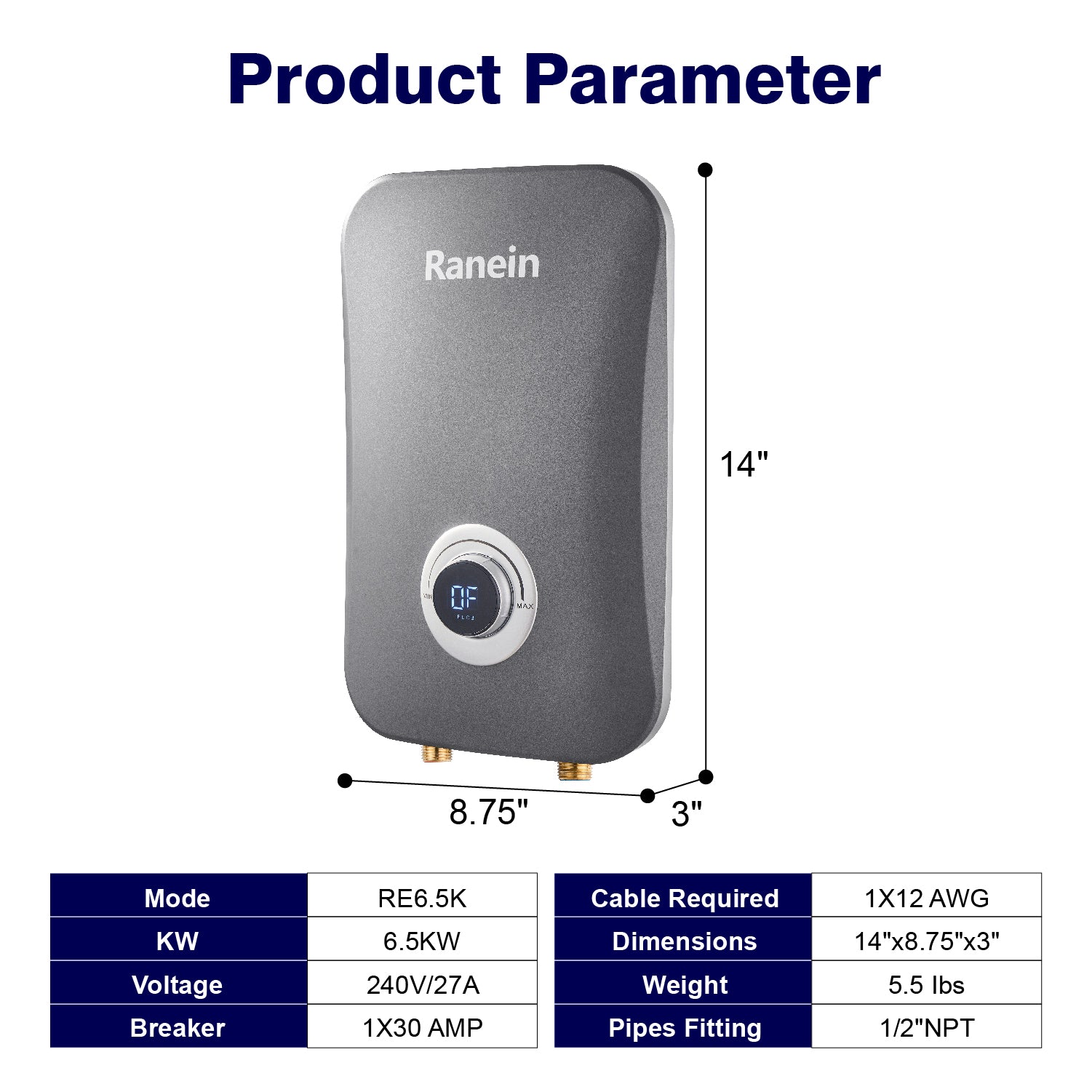 Ranein Electric Tankless Water Heater, 6.5Kw 240v, Instant Hot Water Heater with LED Temperature Display, for All Types of Sinks and Taps White, Energy Saving, Save Space